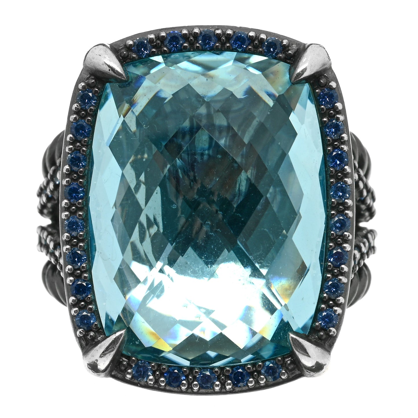 Darkened Sterling Silver Blue Topaz Sapphire 20mm Chatelaine Ring 54 7