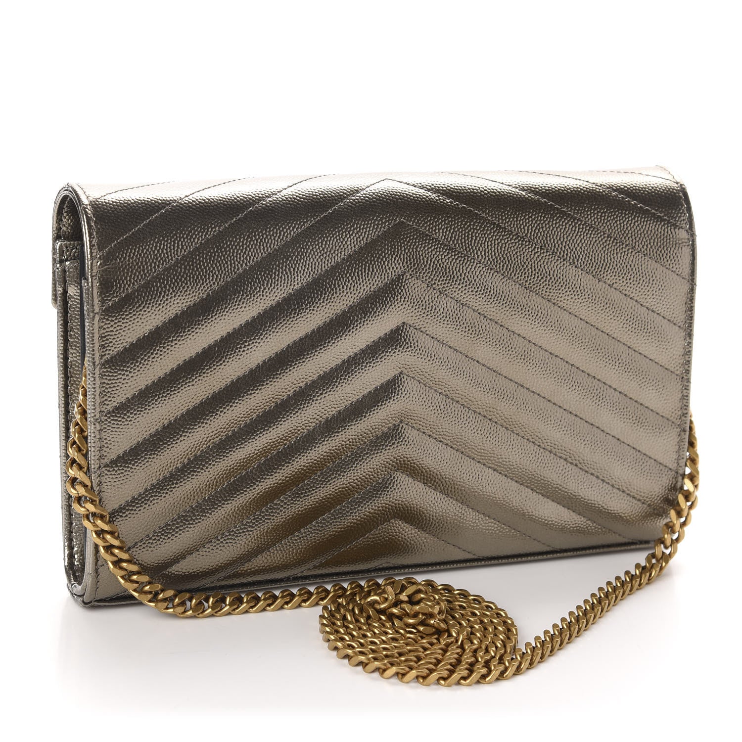 Saint Laurent Metallic Grain De Poudre Matelasse Chevron Monogram Chain Wallet Piombo 3 of 12