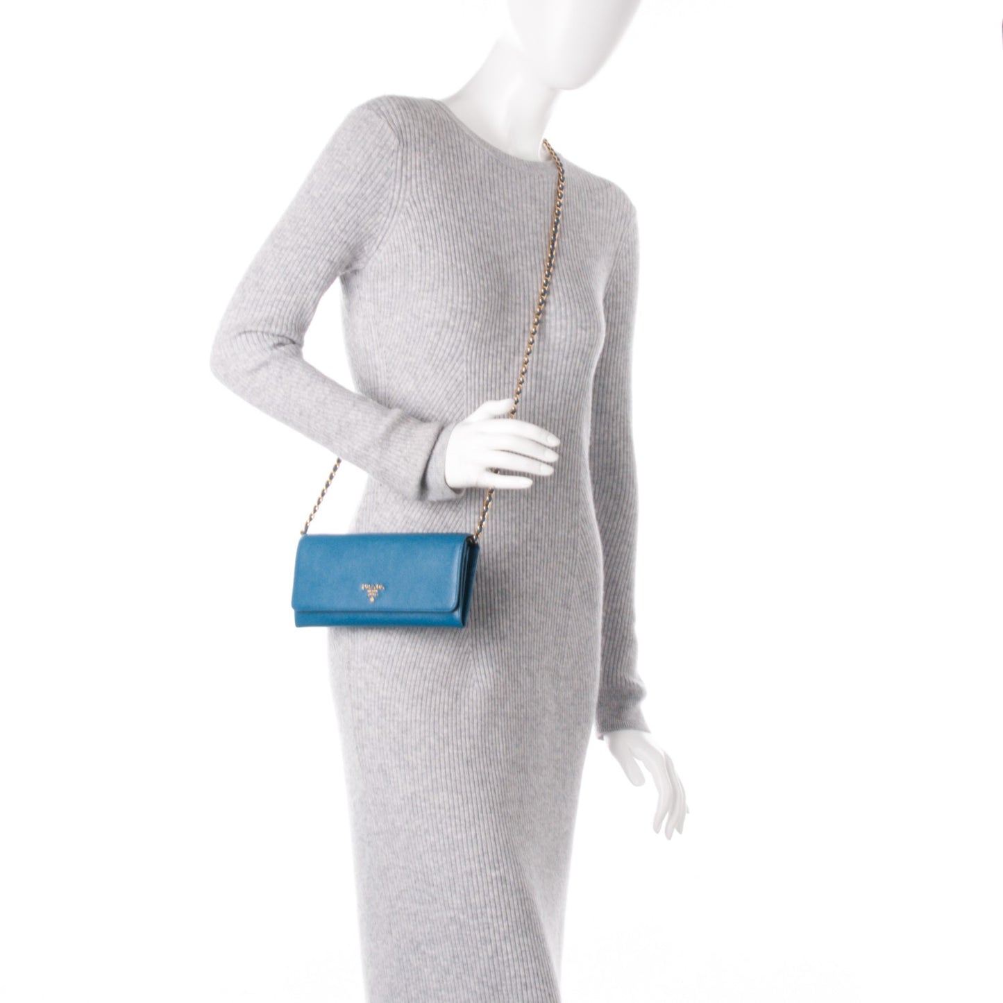 Saffiano Metal Oro Chain Wallet Cobalto