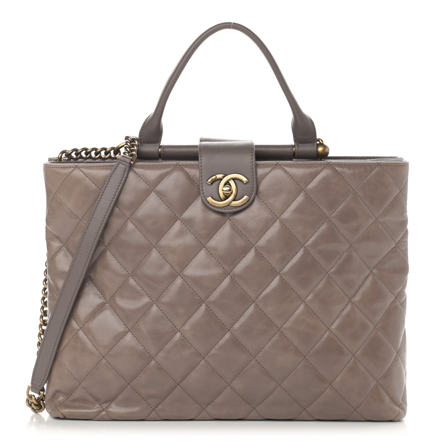 Glazed Calfskin Quilted Gold Bar Tote Dark Grey