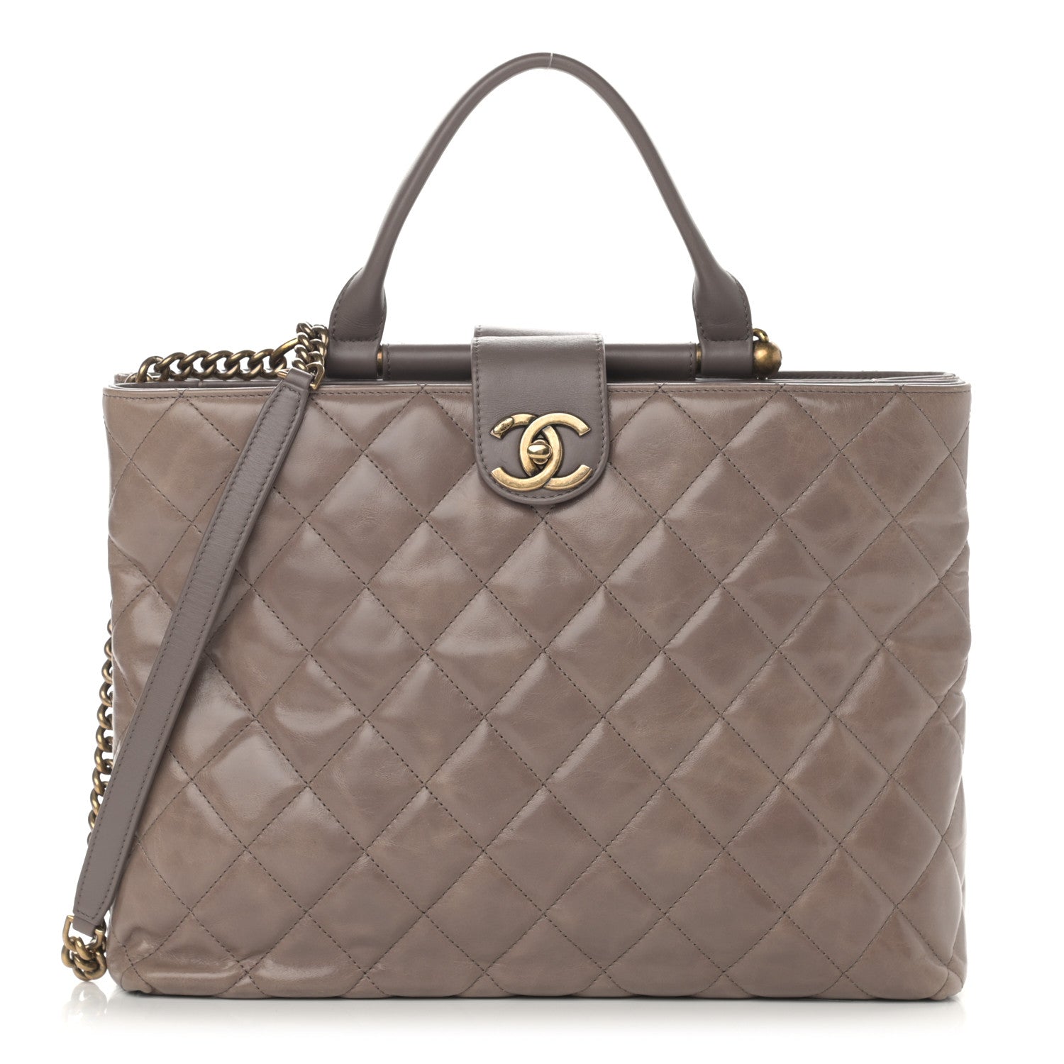 Chanel Glazed Calfskin Quilted Gold Bar Tote Dark Grey 1 of 11