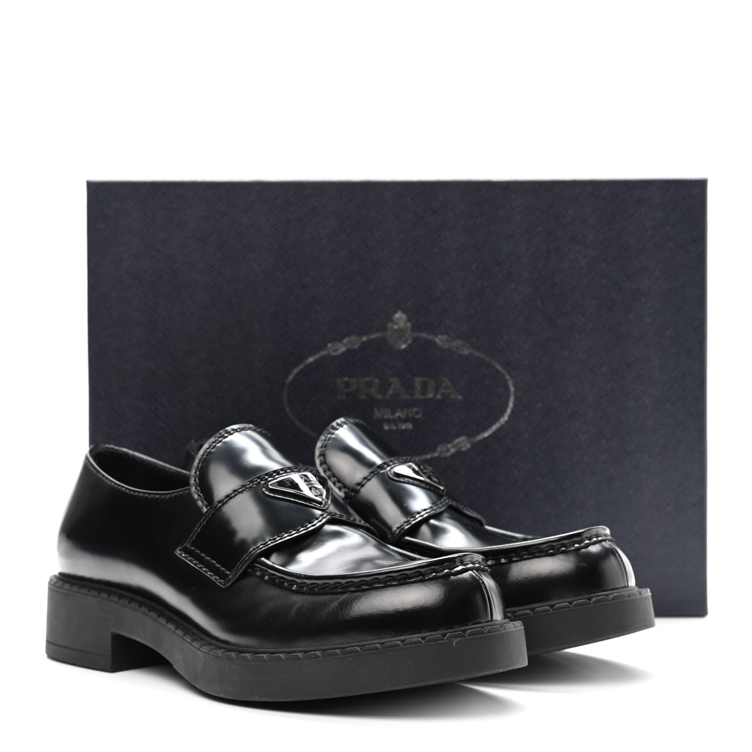 Prada Spazzolato Metal Triangle Logo Mens 35mm Loafers 7.5 Black 10 of 10