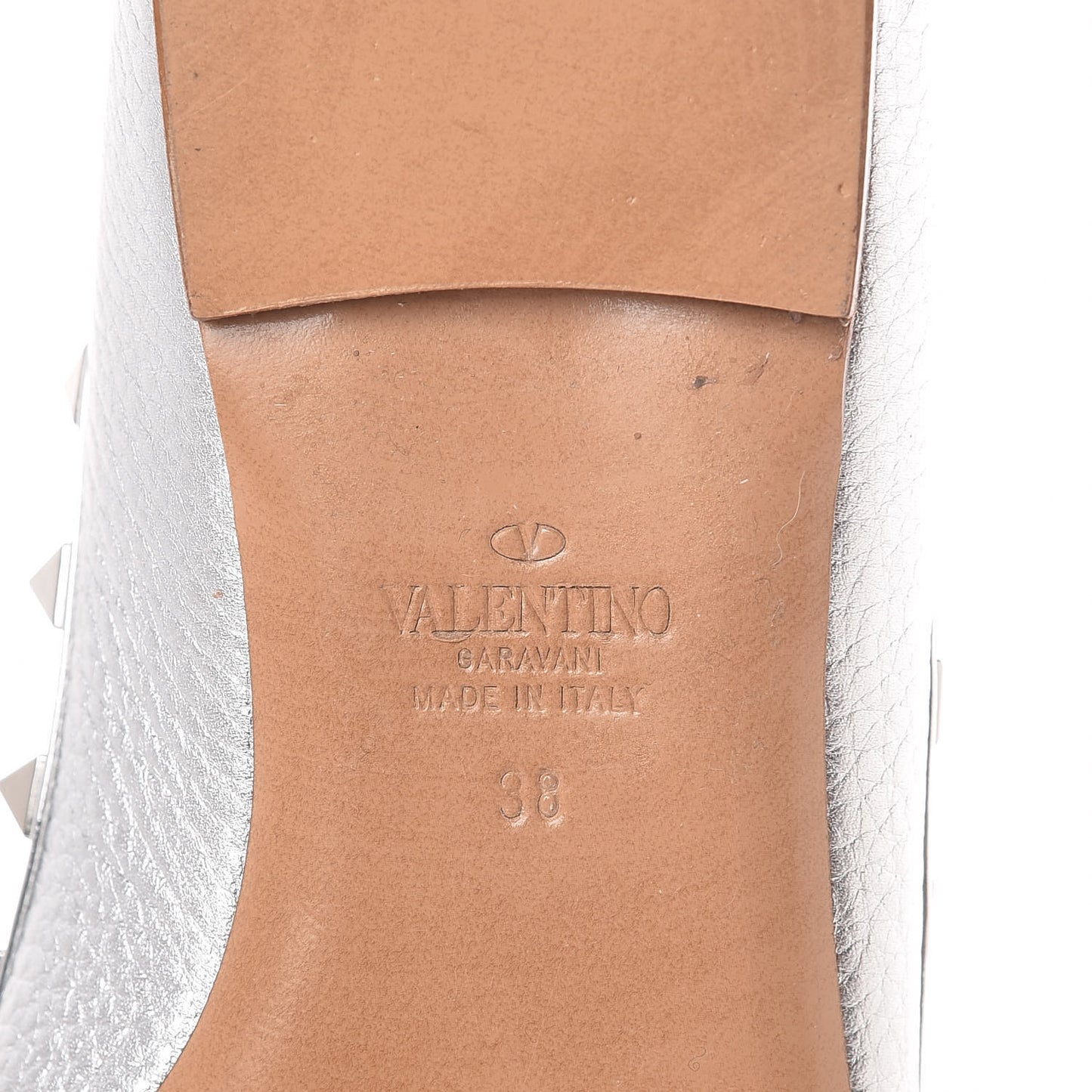 Metallic Pebbled Calfskin Rockstud Ballerina Flats 38 Silver