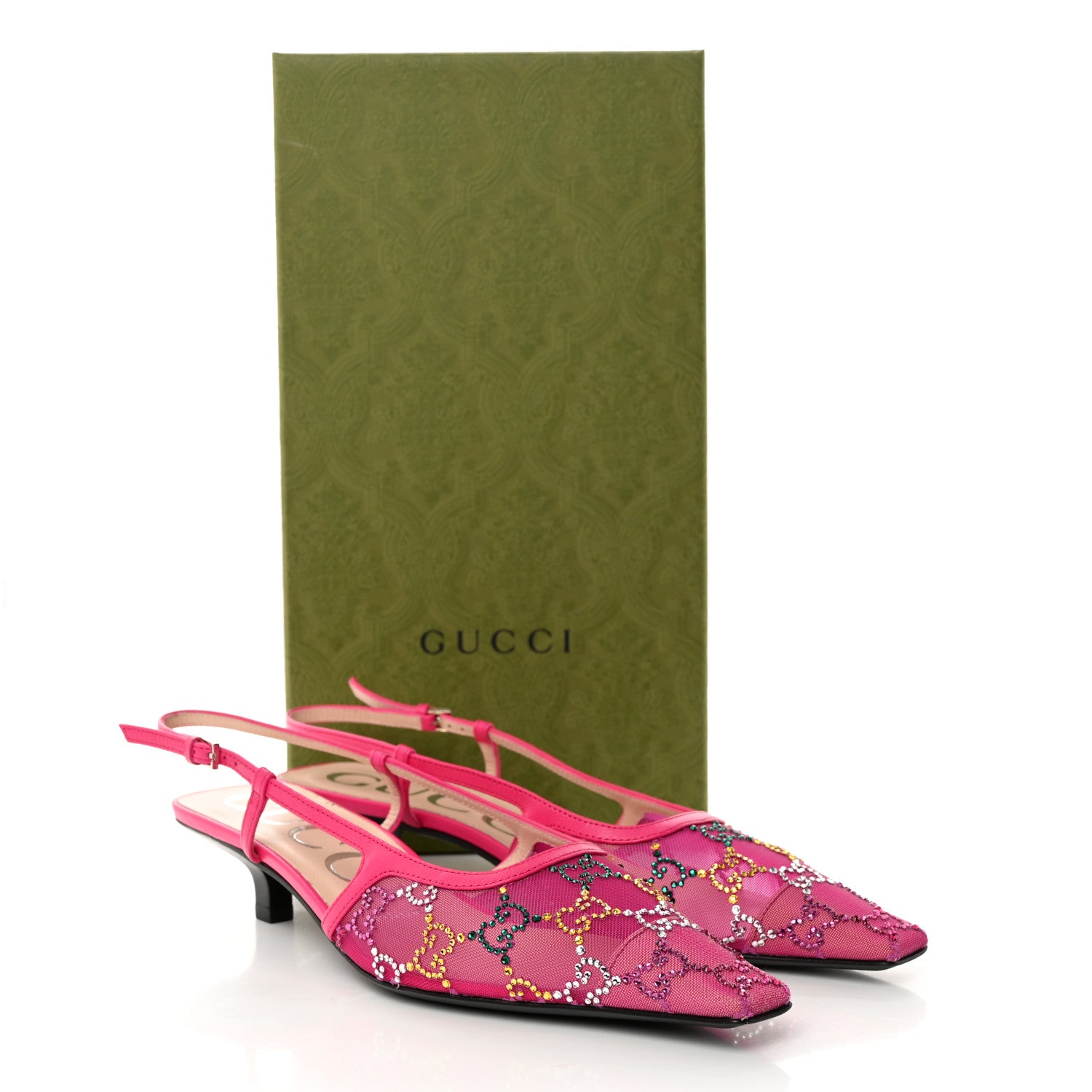 Gucci Tela Retino Nappa Charlotte Crystal GG Monogram Square G 35mm Slingback Pumps 37.5 Bright Bouganville Fairy Fucsia 8 of 8