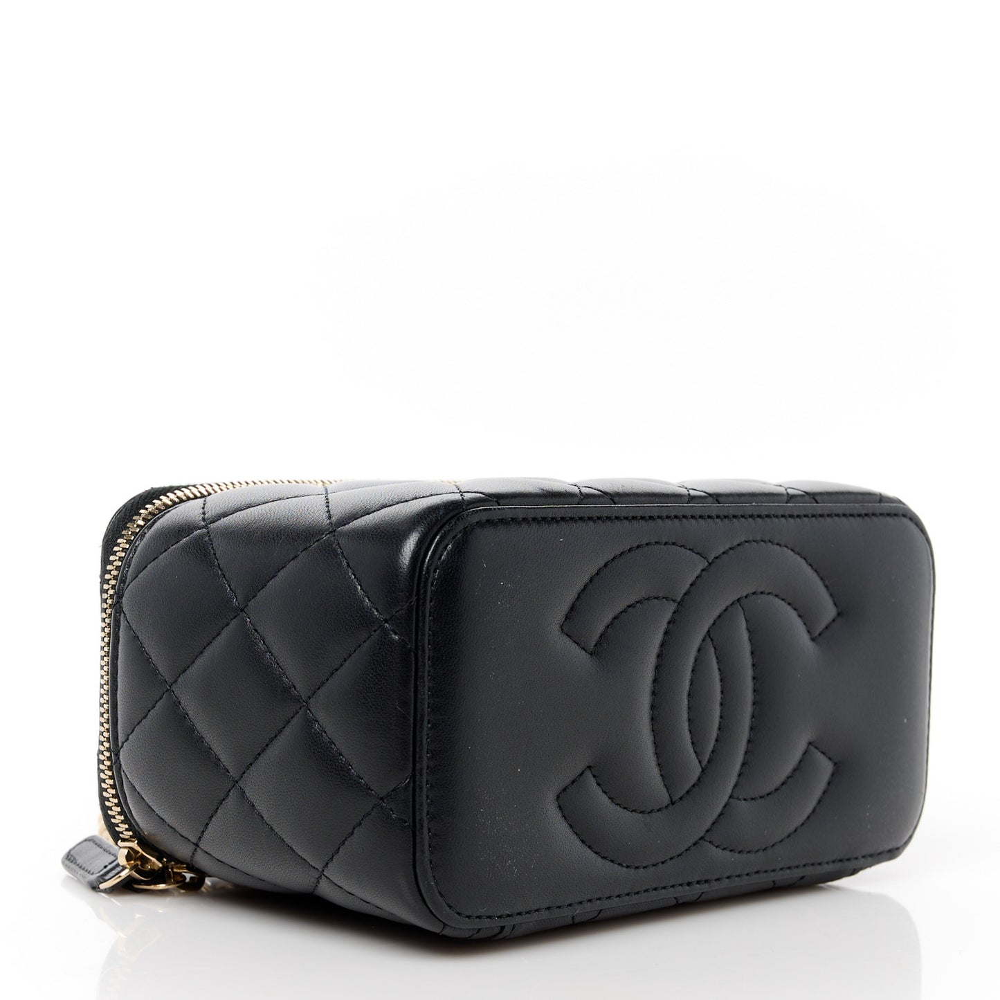 Lambskin Quilted Small Top Handle Vanity Case With Chain Black
