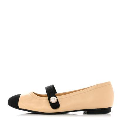 Chanel Lambskin Grosgrain Pearl Cap Toe Ballerina Flats 40 Beige Black 1 of 11