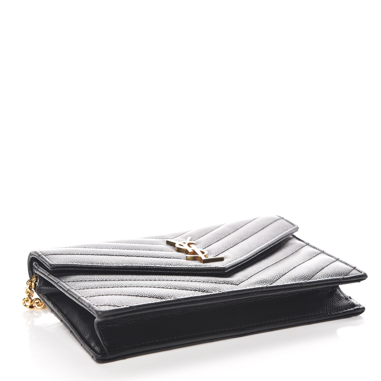 Saint Laurent Grain De Poudre Matelasse Chevron Monogram Envelope Chain Wallet Black 4 of 8
