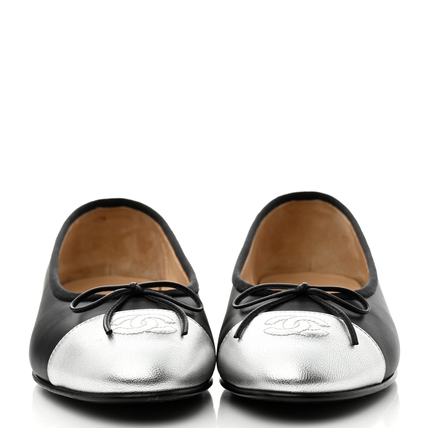 Chanel Calfskin Metallic Goatskin CC Cap Toe Ballerina Flats 39 Black Silver 2 of 9