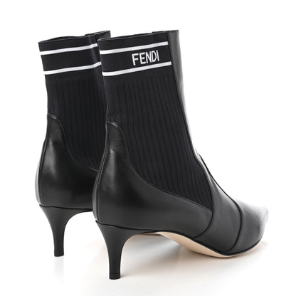 Fendi Vitellino Stretch Fabric Logo Rockoko Low Heel Sock Boots 37.5 Black White 4 of 9