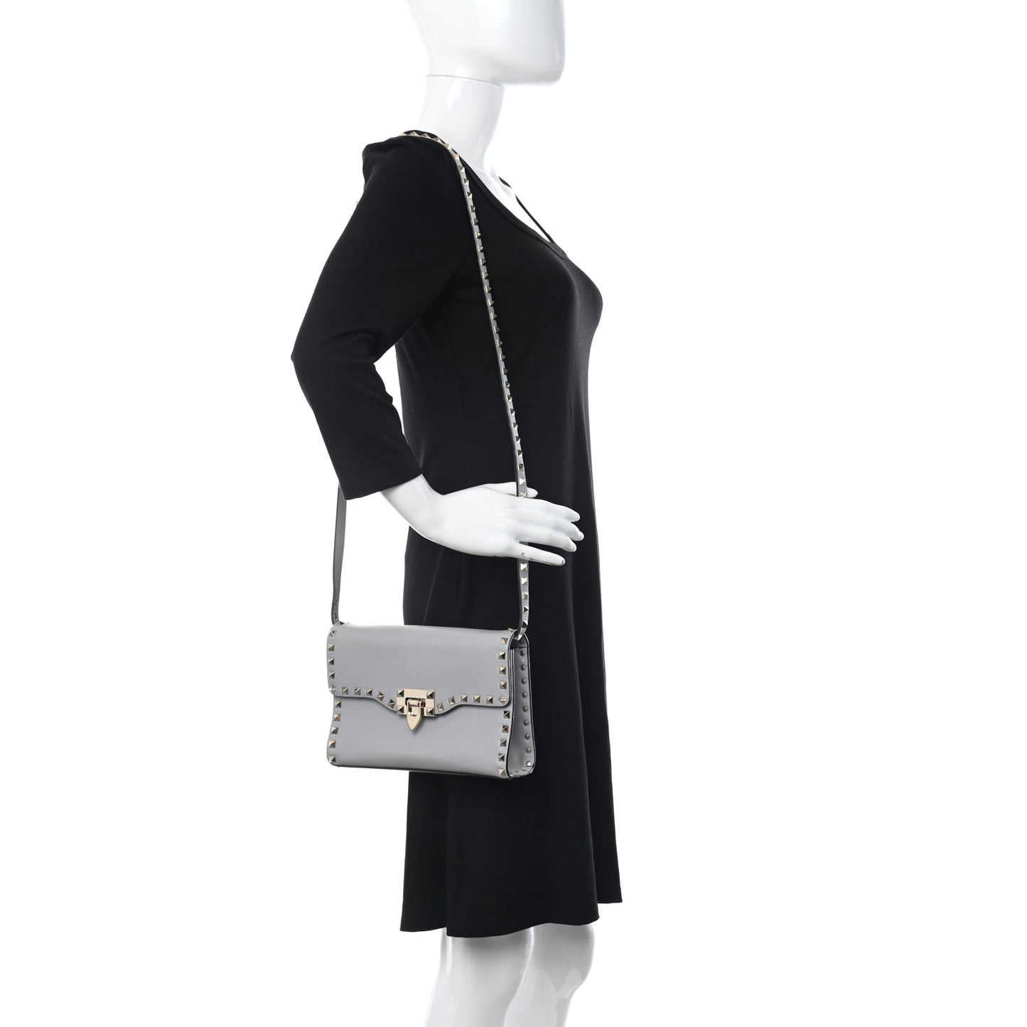 Pebbled Calfskin Medium Rockstud Flip Lock Crossbody Bag Pastel Grey