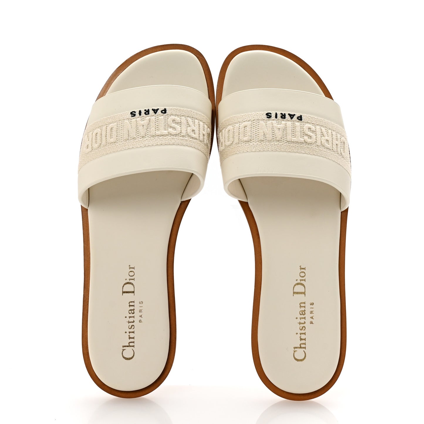 Calfskin Canvas Embroidered Dway Flat Slide Sandals 36 Off White