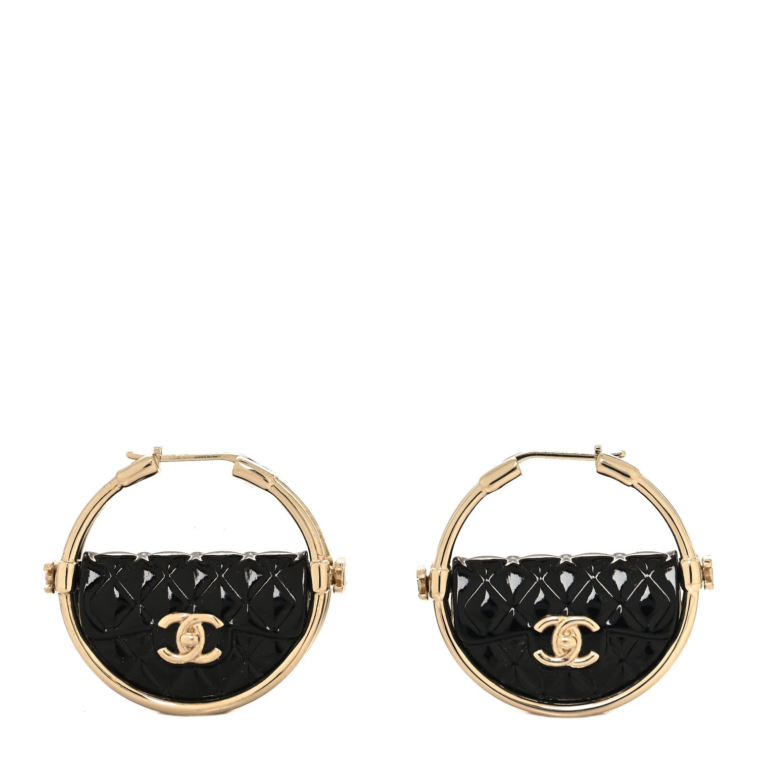 Chanel Metal Resin Quilted CC Bag Bag Hoop Earrings Black Gold 1 of 6