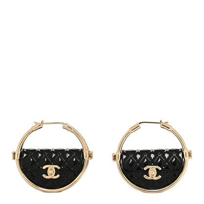 Chanel Metal Resin Quilted CC Bag Bag Hoop Earrings Black Gold 1 of 6