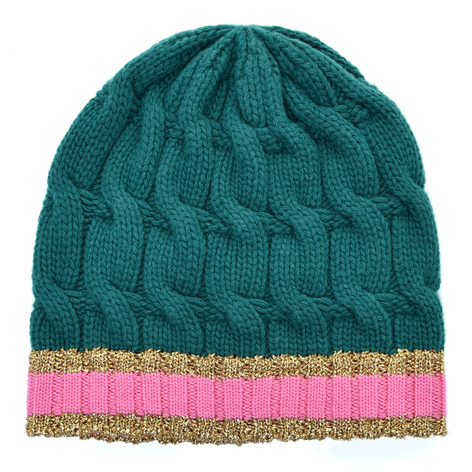 Gucci Wool Cashmere Polyamide Cable Knit Bonhate Beanie Hat M Grass Green Pink 2 of 4