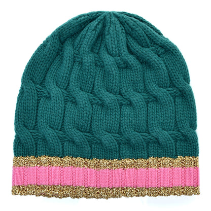 Gucci Wool Cashmere Polyamide Cable Knit Bonhate Beanie Hat M Grass Green Pink 2 of 4