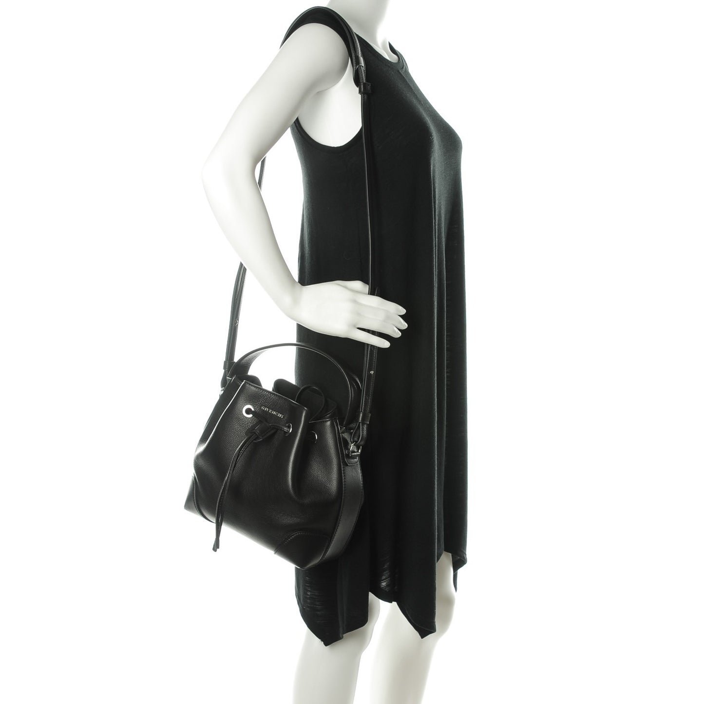 Calfskin Small Lucrezia Drawstring Bucket Bag Black