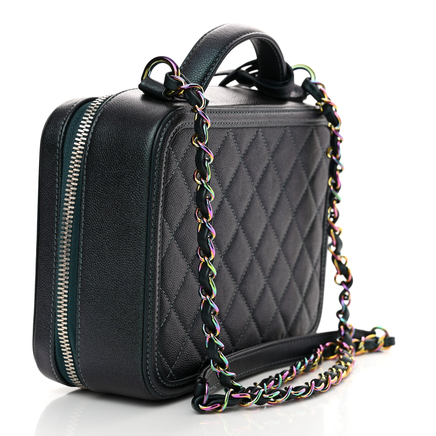 Iridescent Caviar Quilted Medium CC Filigree Vanity Case Dark Turquoise