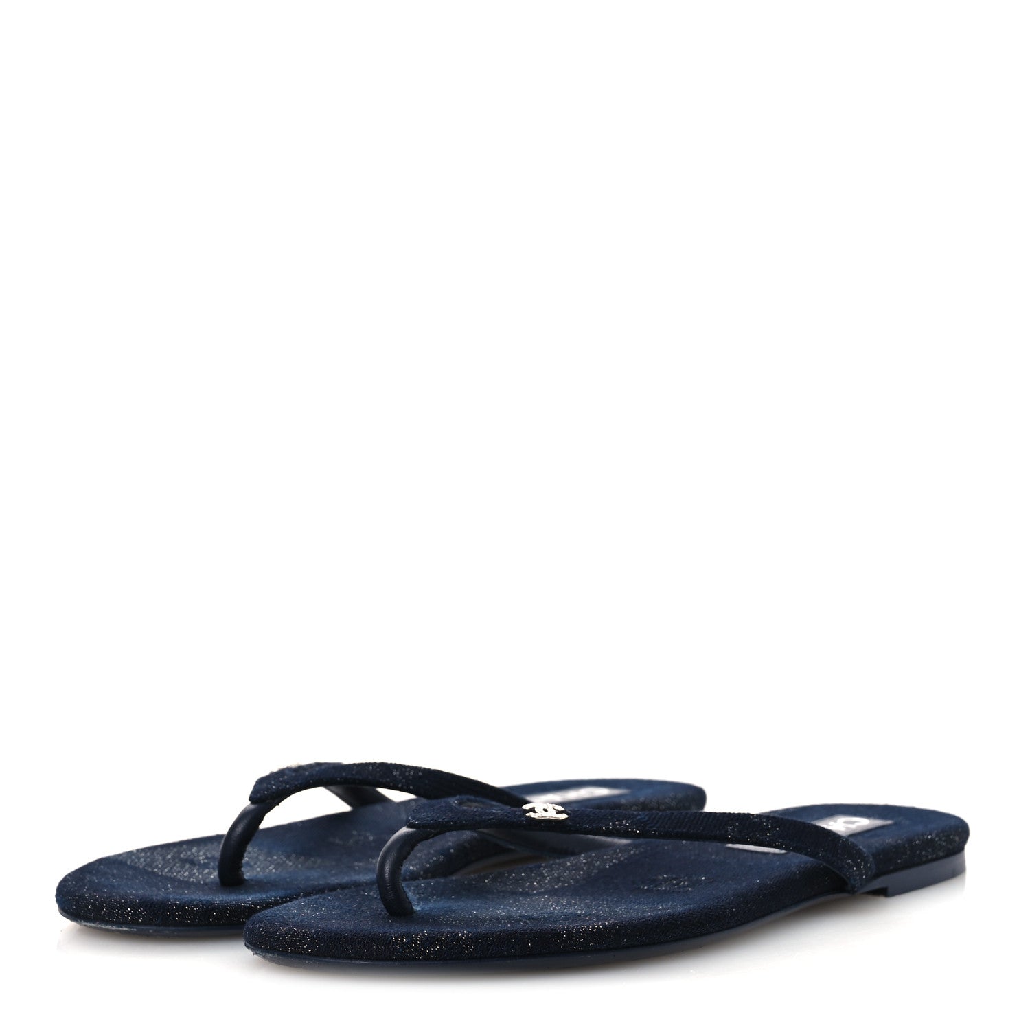 Chanel Cotton Silk Crystal CC Thong Sandals 40 Dark Blue Silver