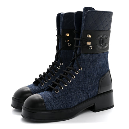 Chanel Denim Patent Lambskin Quilted CC Lace Up Combat Boots 38.5 Blue Black 4 of 9