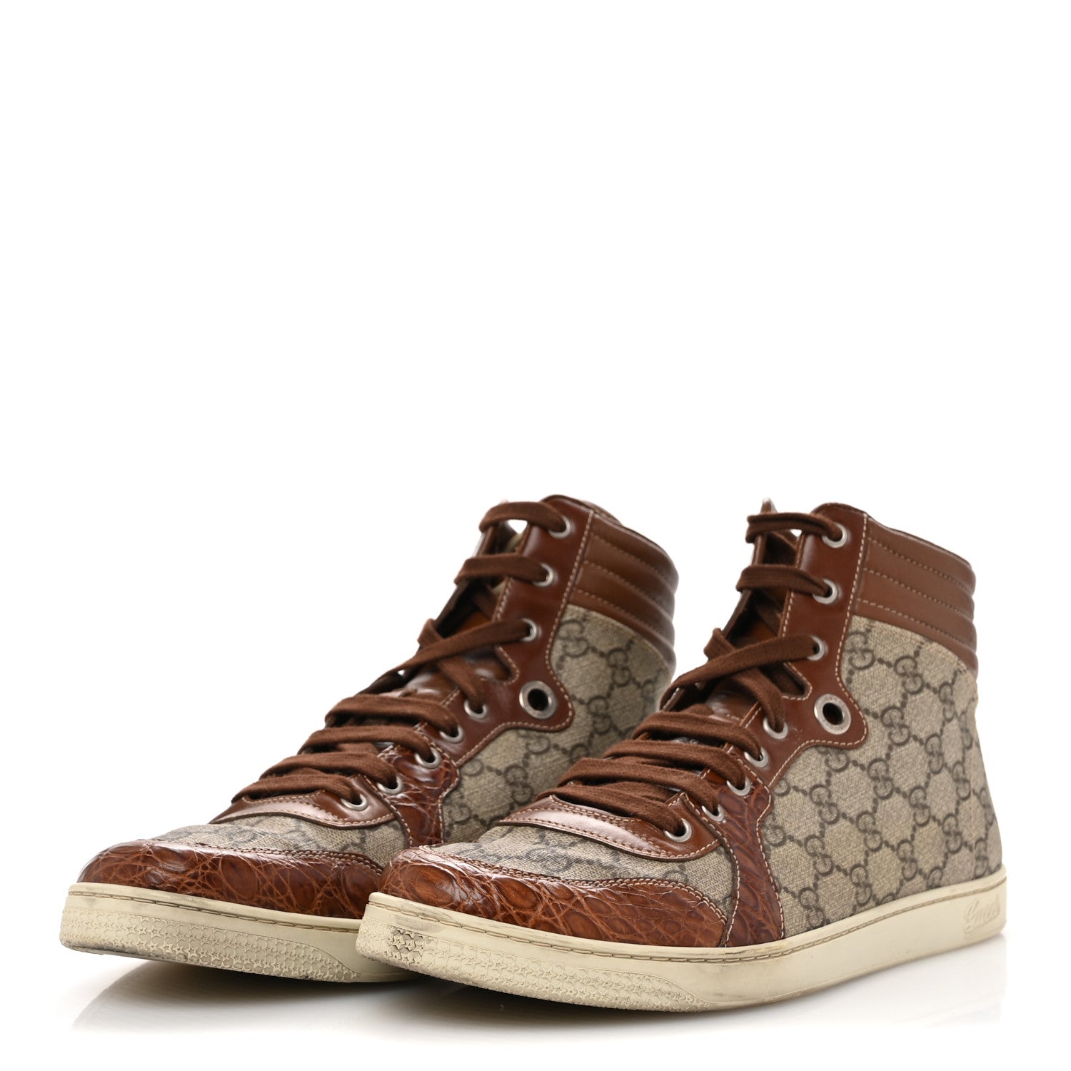 Gucci GG Plus Monogram Calfskin Crocodile Embossed Mens Coda High Top Sneakers 10.5 Brown 4 of 10