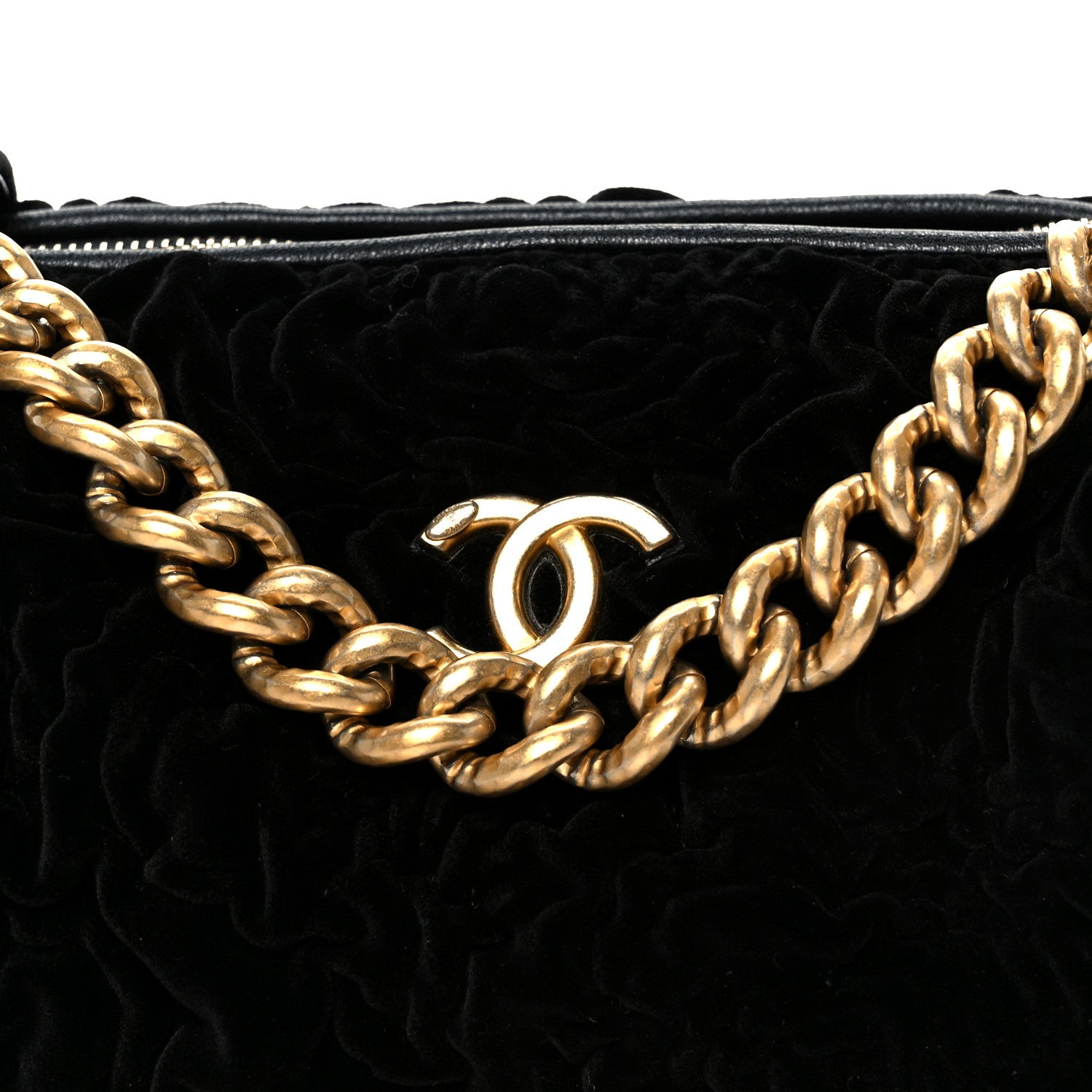 Chanel Velvet Camellia Embossed Barrel Clutch With Chain  Black 8 of 10