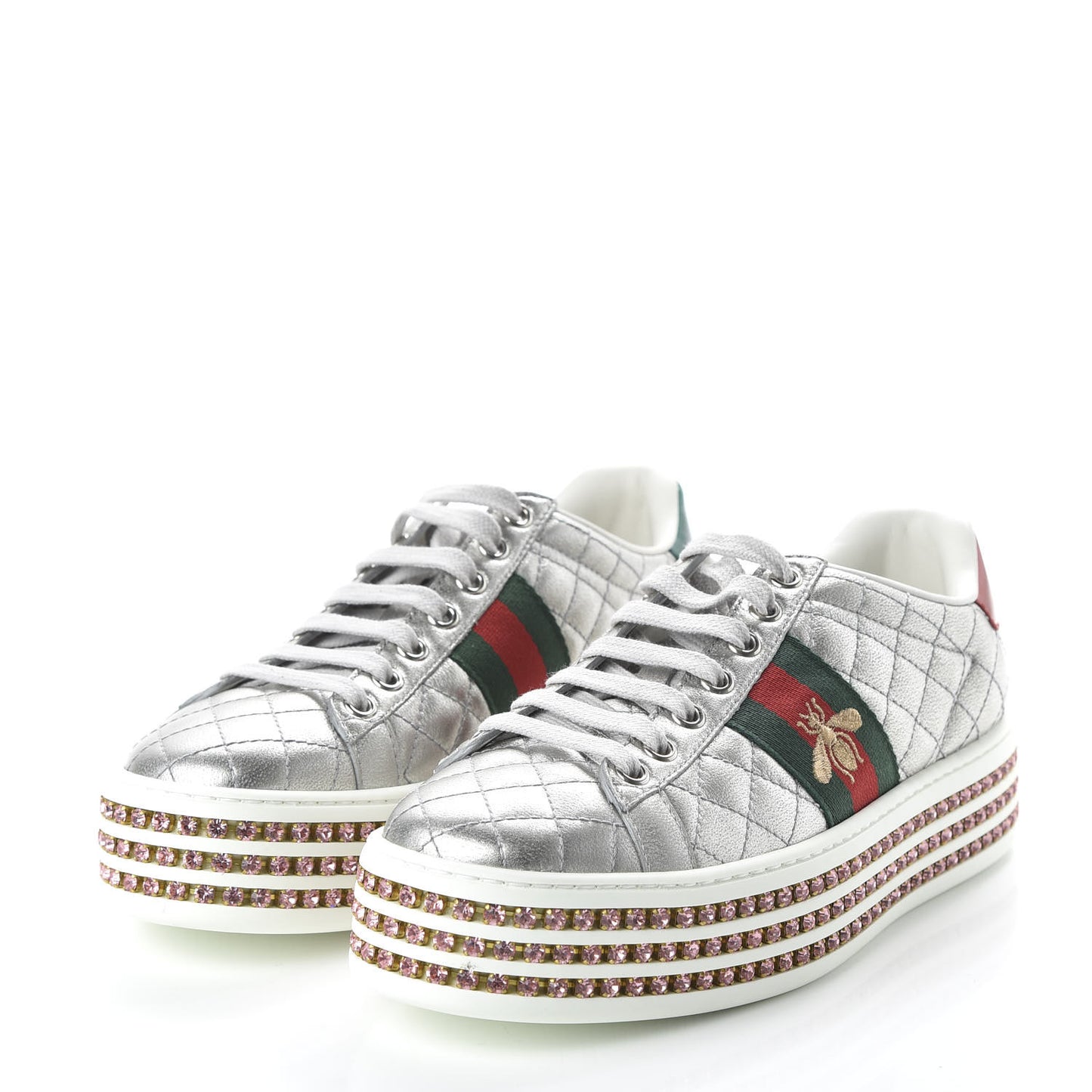 Laminated Nappa Crystal Web Bee Embroidered Trapuntata Womens Ace Platform Sneakers 36 Argento