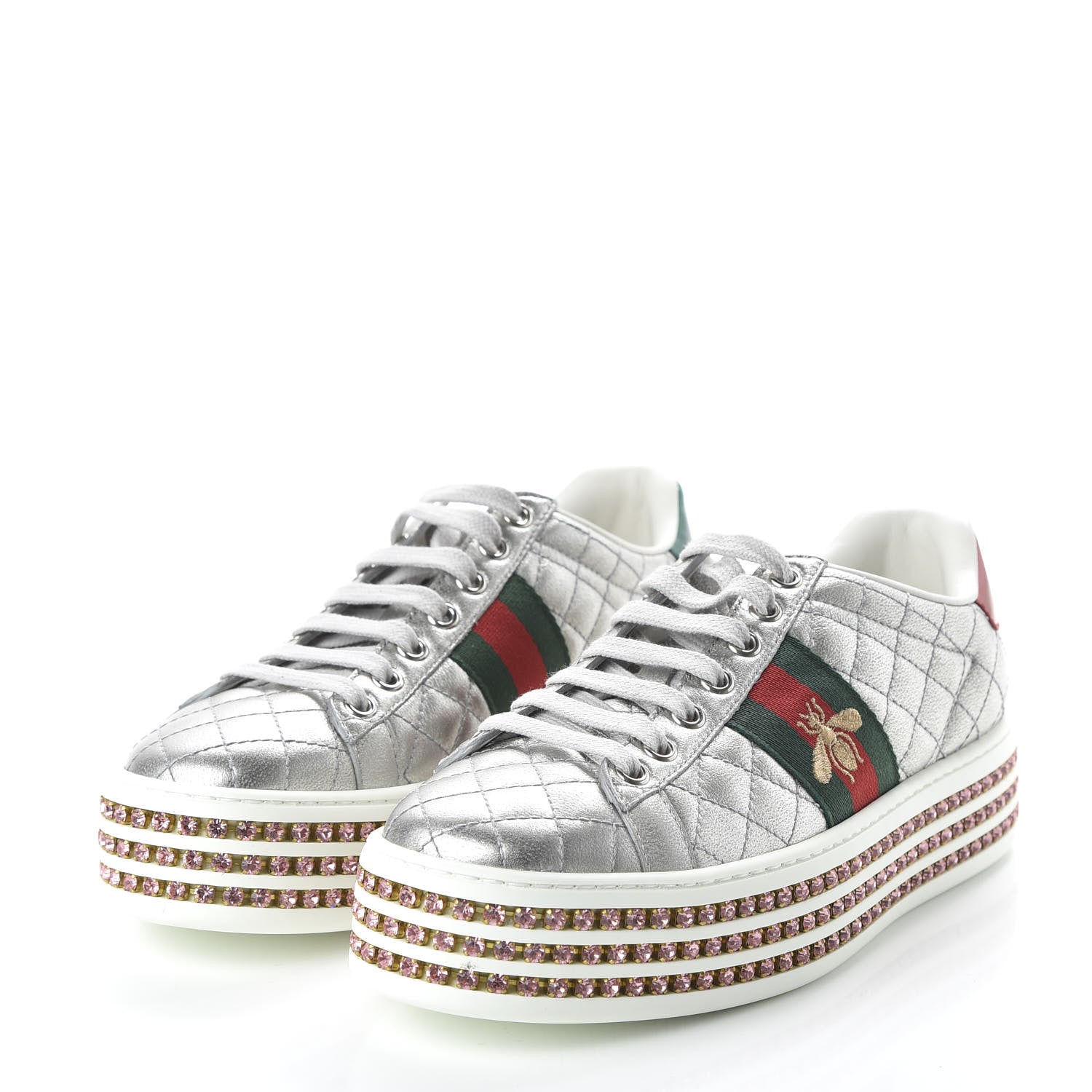 Gucci Laminated Nappa Crystal Web Bee Embroidered Trapuntata Womens Ace Platform Sneakers 36 Argento 3 of 9