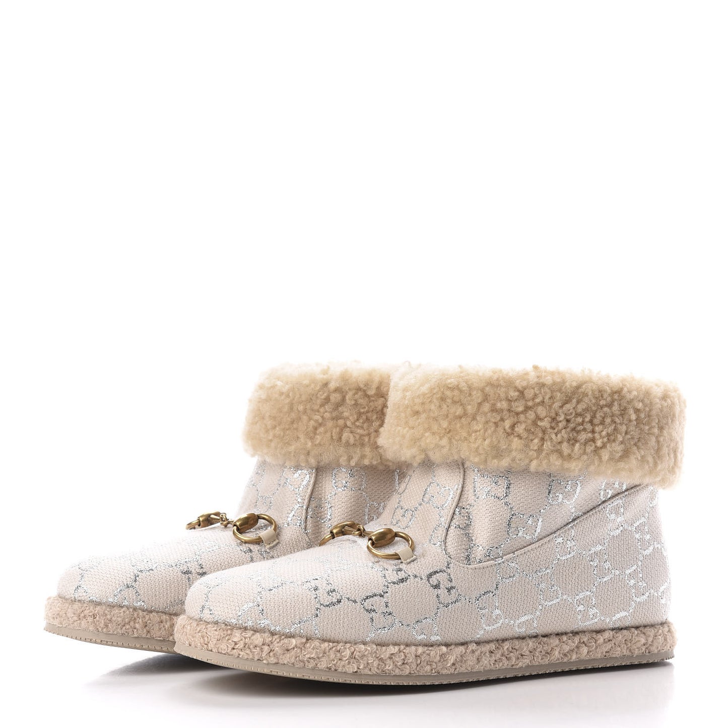Canvas Wool Lame GG Monogram Womens Fria Horsebit Ankle Boots 38 Gardenia Silver Butterscotch