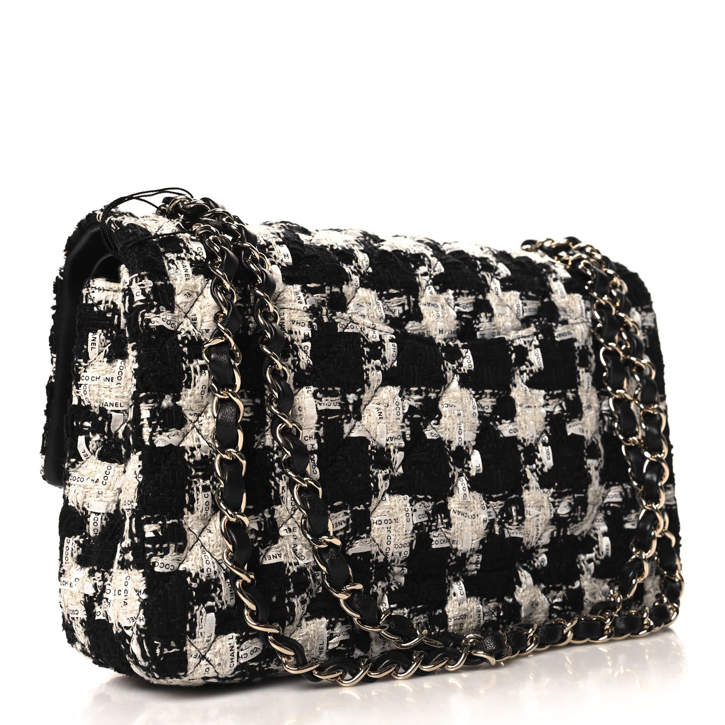 Tweed Quilted Medium Double Flap Black Ecru White