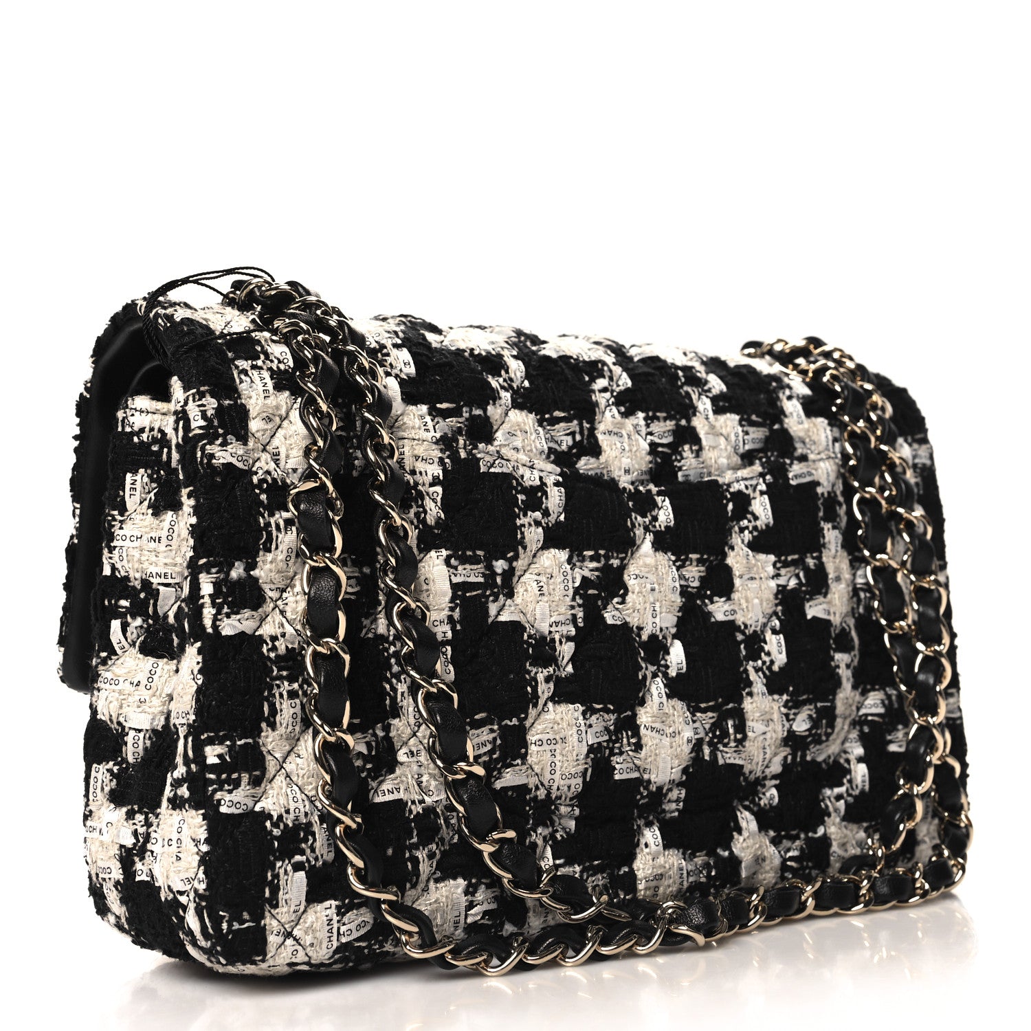 Chanel Tweed Quilted Medium Double Flap Black Ecru White 3 of 11