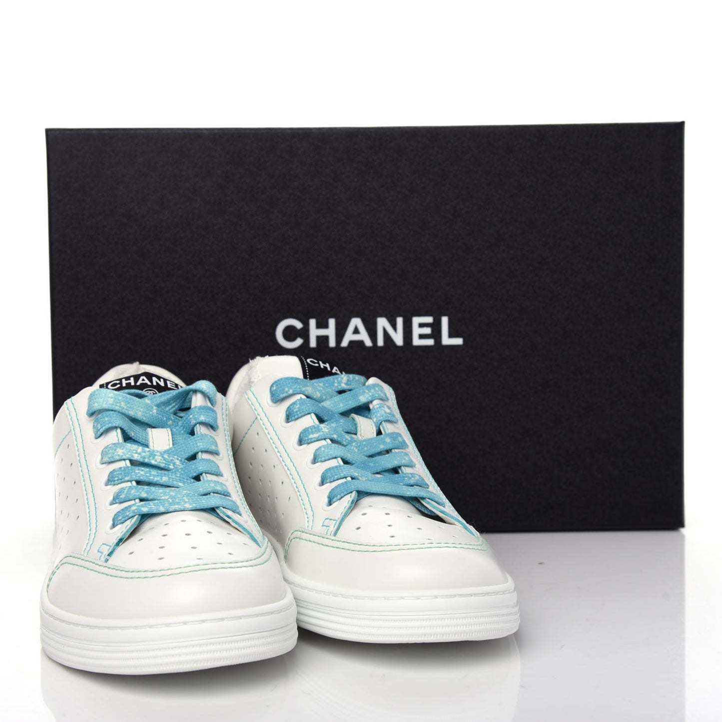 Calfskin Womens Logo Sneakers 38.5 White Blue