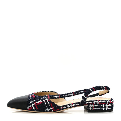 Chanel Tweed Grosgrain Cap Toe CC Slingback Flats 36 Navy Red White 1 of 10