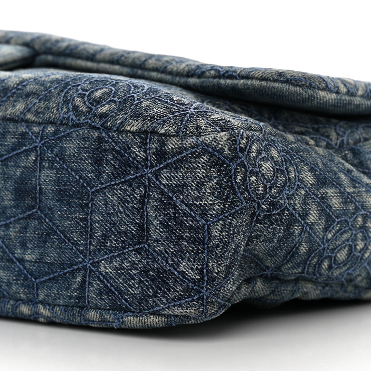 Denim Quilted Camellia Embroidered Large Flap Blue