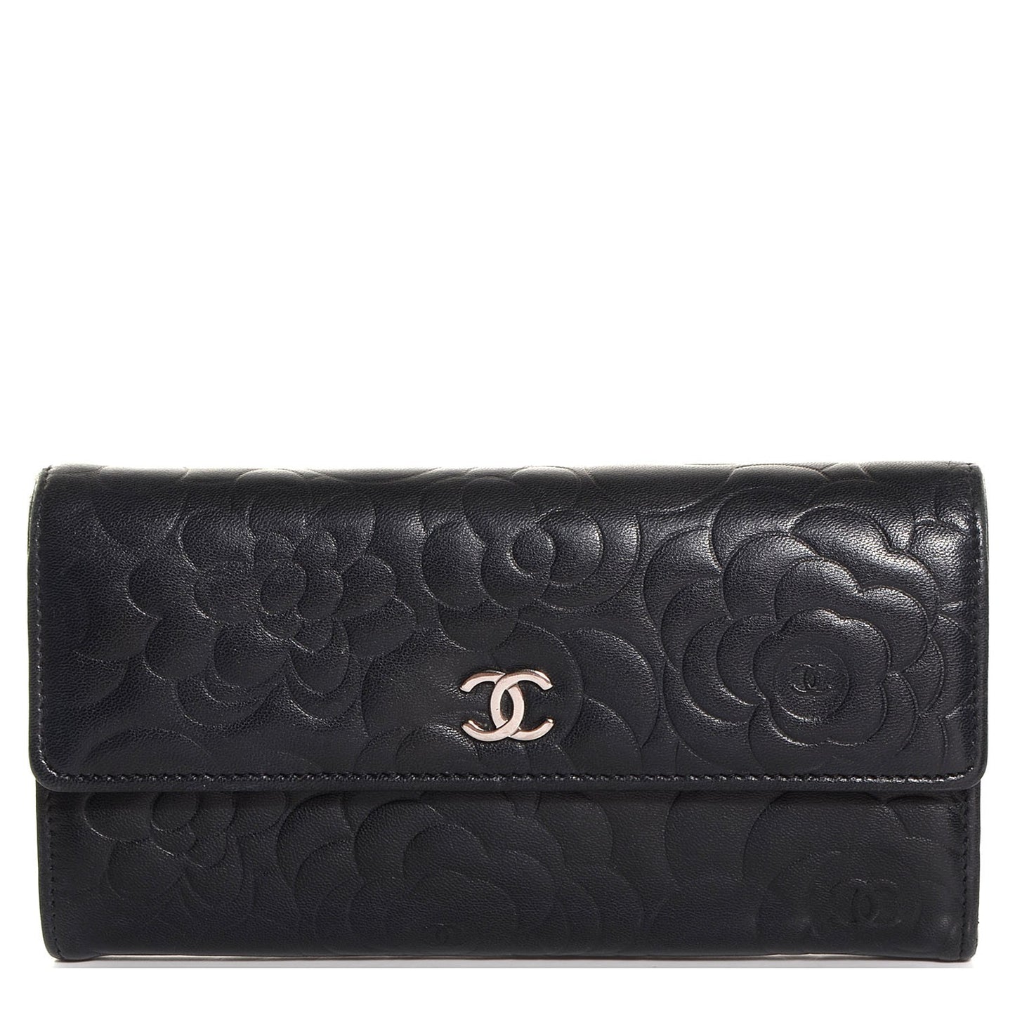 Lambskin Camellia Embossed Large Gusset Flap Wallet Black