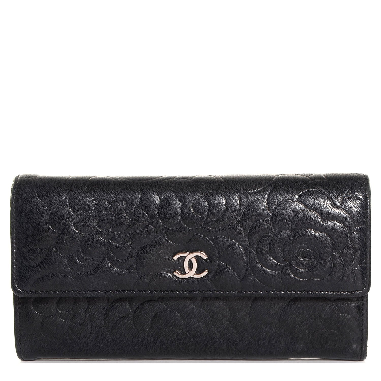 Chanel Lambskin Camellia Embossed Large Gusset Flap Wallet Black 1 of 7