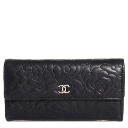 Chanel Lambskin Camellia Embossed Large Gusset Flap Wallet Black 1 of 7