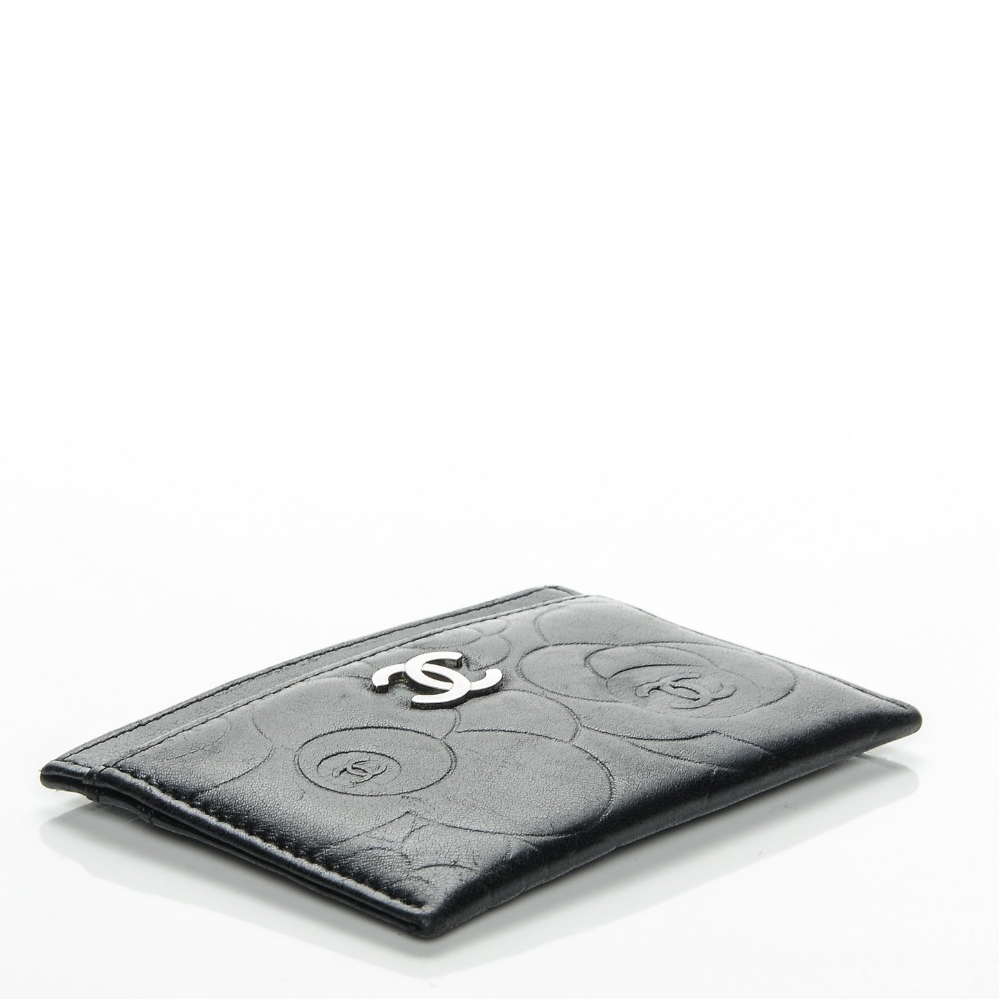 Lambskin Camellia Embossed Card Holder Black