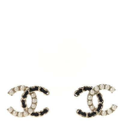Chanel Pearl Lambskin Chain CC Stud Earrings Gold Black 1 of 4
