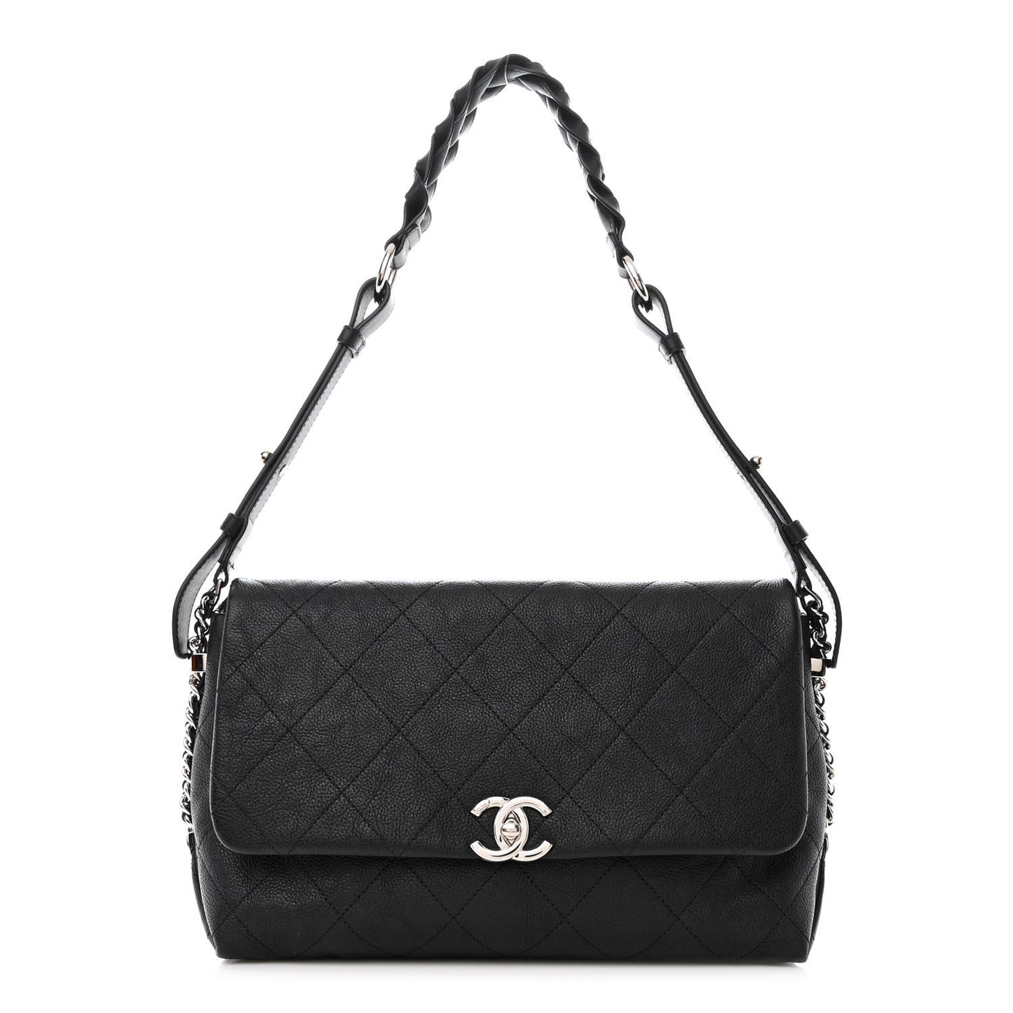 Grained Calfskin Stitched Small Braided With Style Flap Black