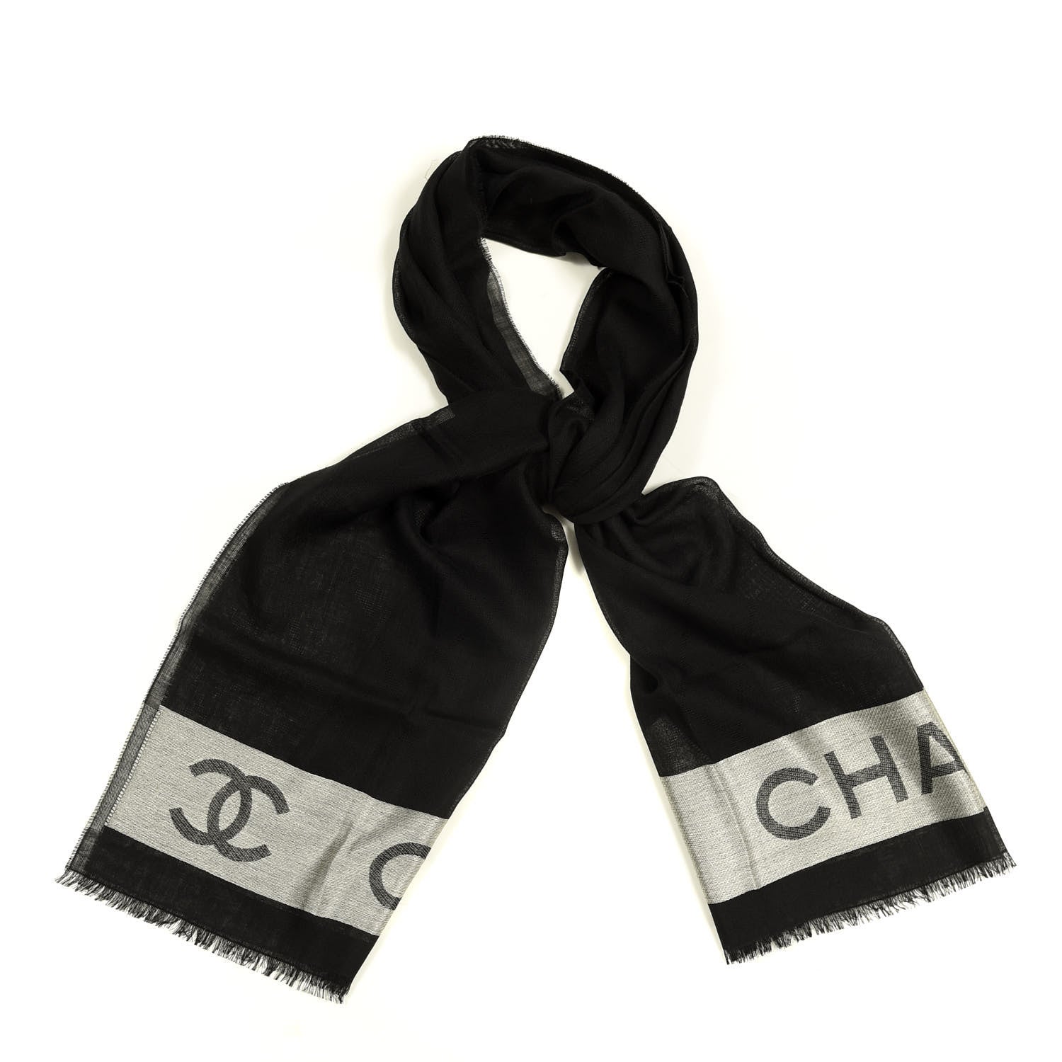 Chanel Wool Silk Cashmere CC Scarf Shawl Black White 1 of 3