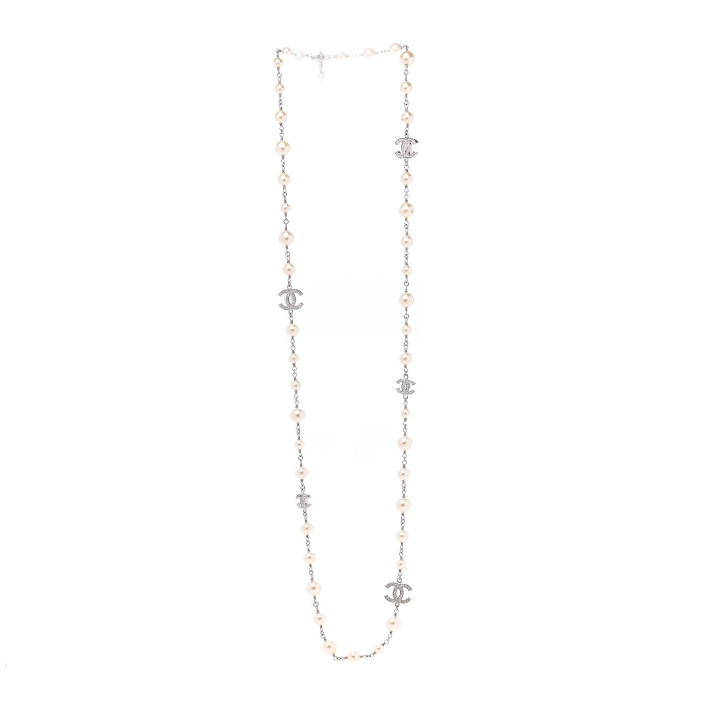 Crystal Pearl CC Long Necklace Silver