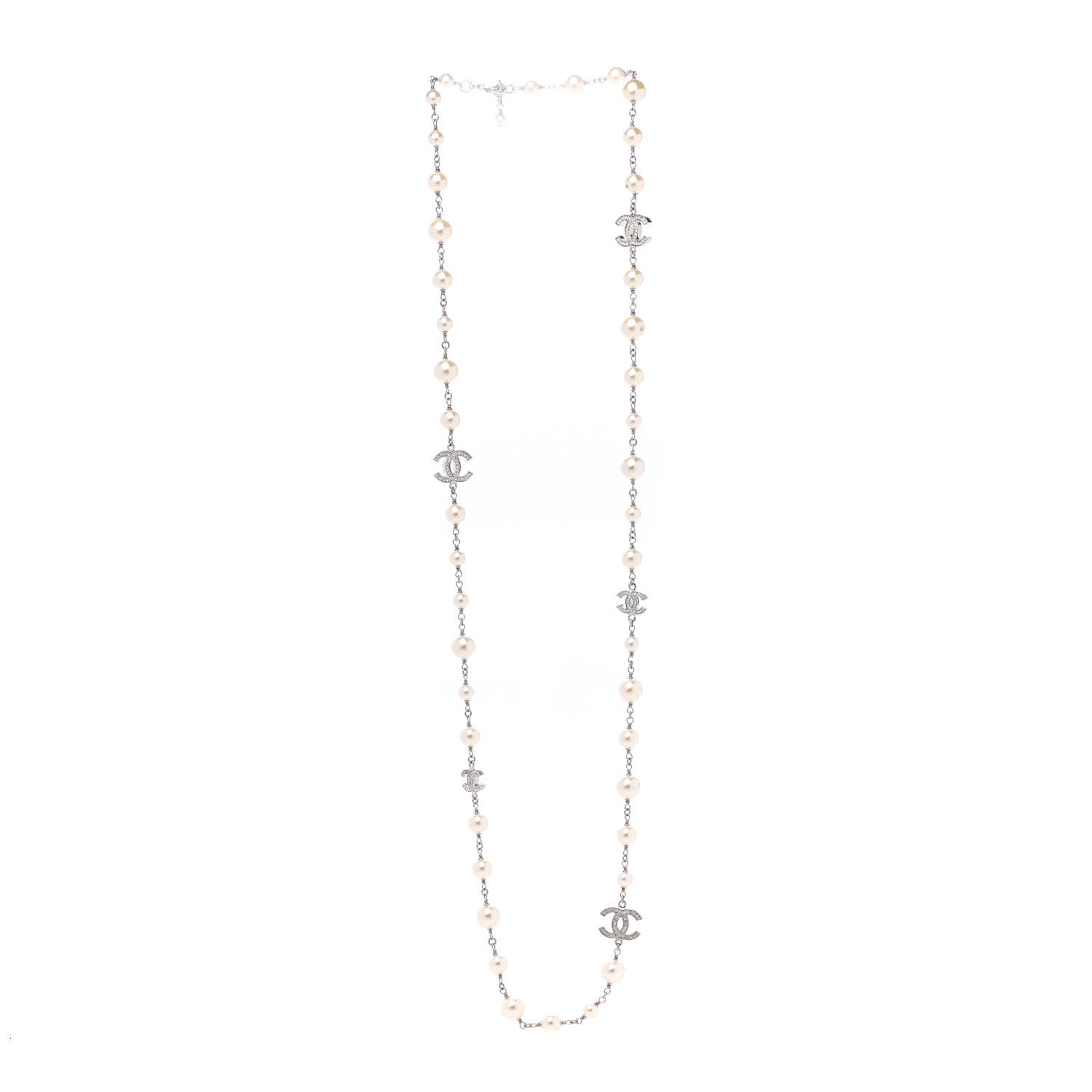 Chanel Crystal Pearl CC Long Necklace Silver 3 of 6