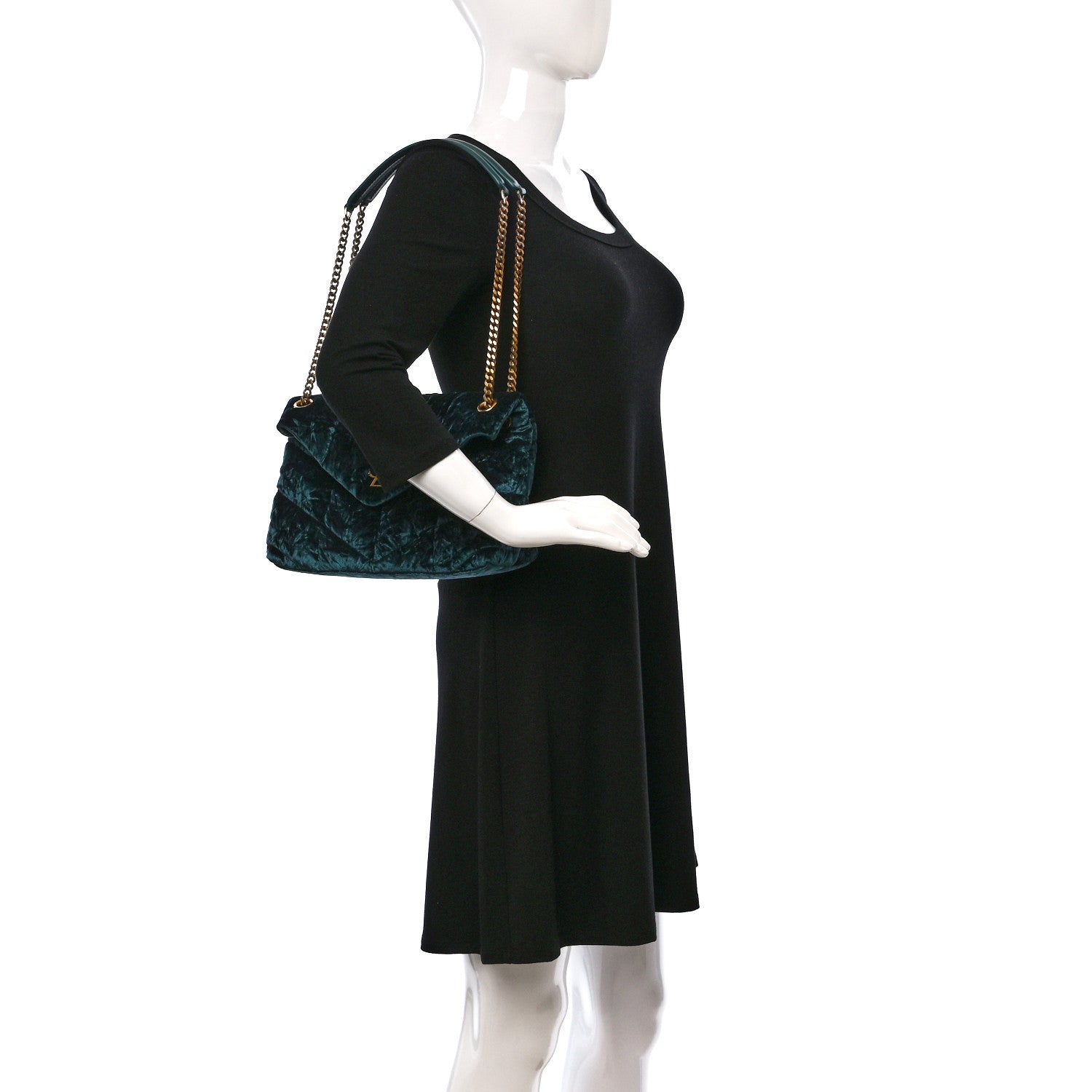 Saint Laurent Crushed Velvet Quilted Small Loulou Puffer Monogram Chain Satchel Emerald 2 of 8