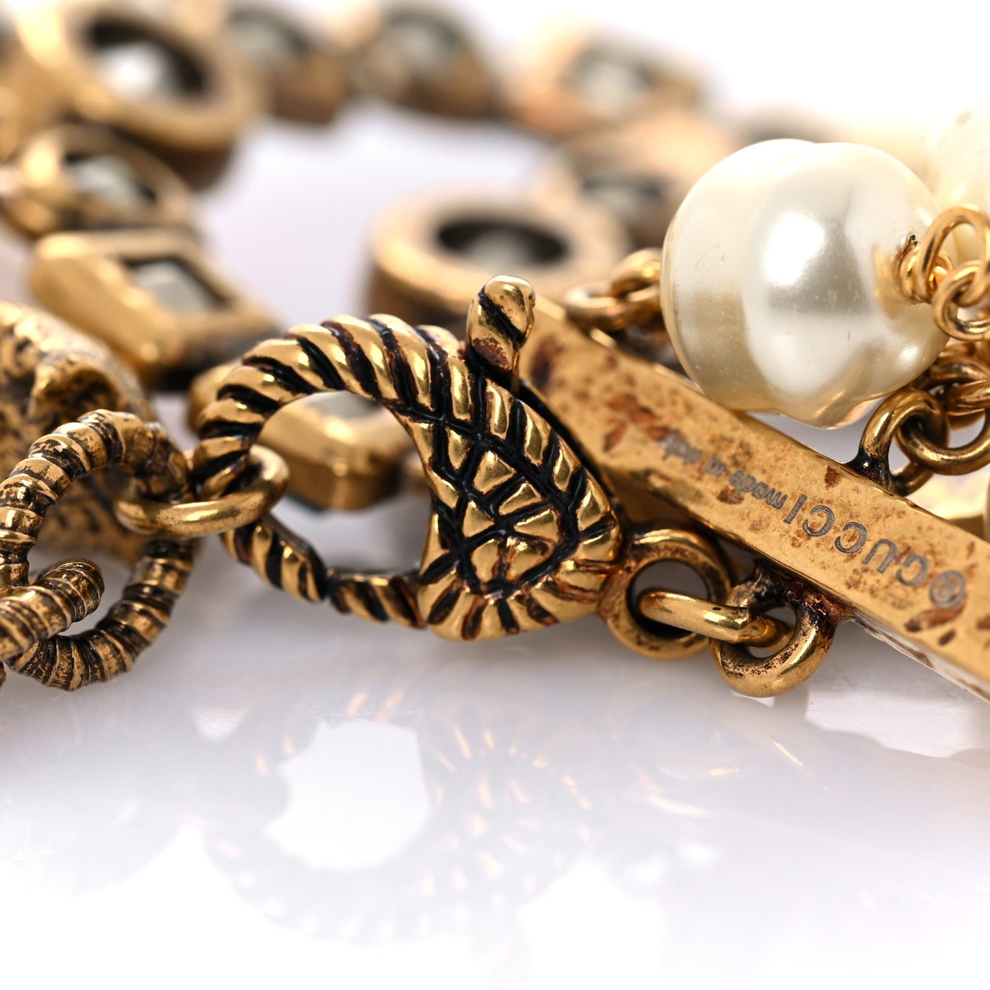 Metal Crystal Pearl Double G Bracelet Aged Gold Multicolor