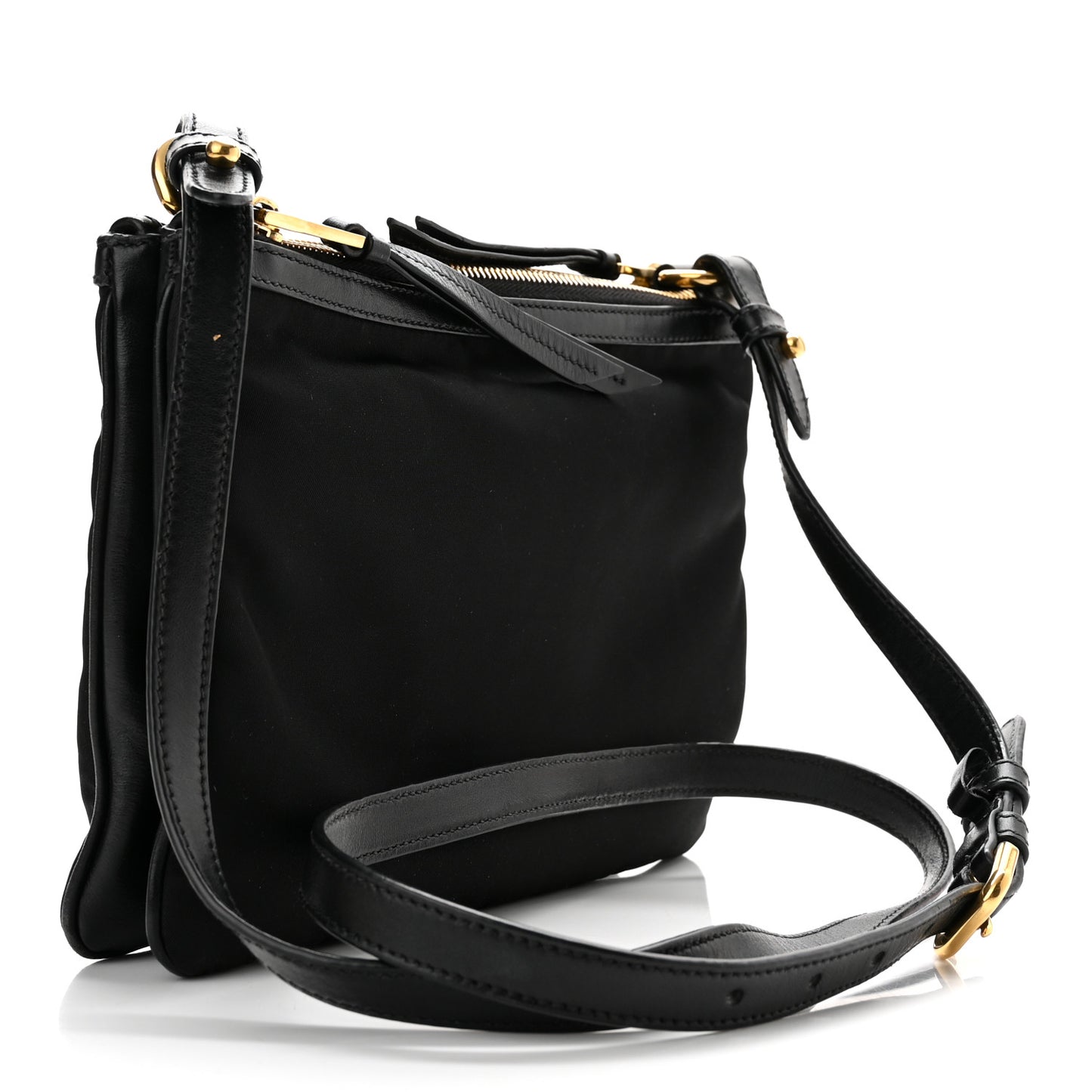 Tessuto Nylon Soft Calf Double Zip Crossbody Bag Black