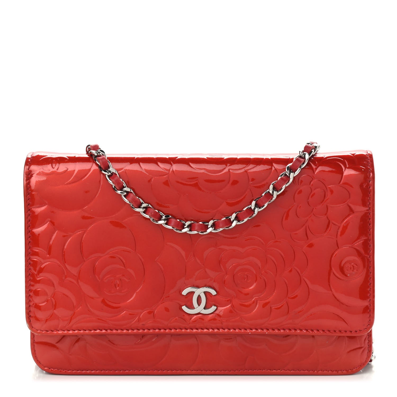 Chanel Patent Camellia Embossed Wallet On Chain WOC Red 1 of 15