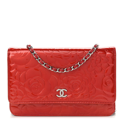 Chanel Patent Camellia Embossed Wallet On Chain WOC Red 1 of 15