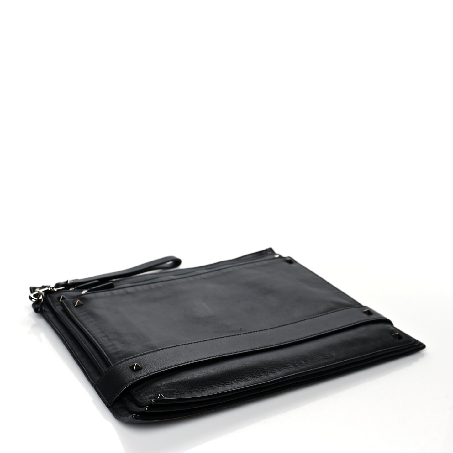 Nappa Rockstud Triple Zip Wristlet Pouch Black