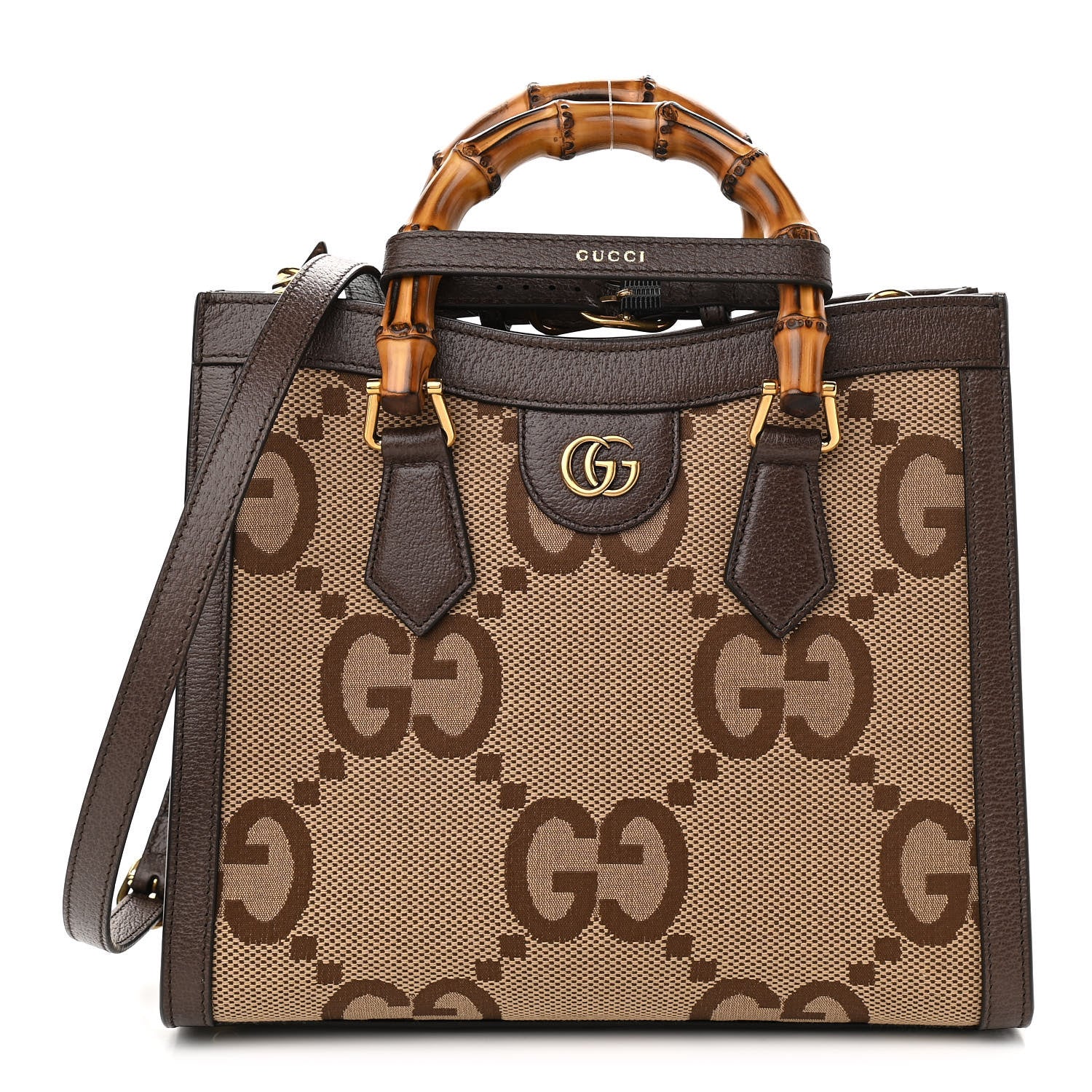 Gucci Monogram Jumbo GG Textured Dollar Calfskin Small Diana Tote Bag Camel Ebony New Acero 1 of 11