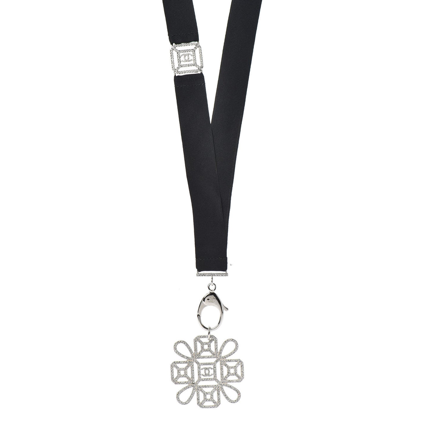 Crystal CC Cross Lanyard Necklace Black Silver